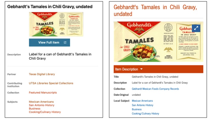 Side-by-side screenshots of an archival photo, titled 'Gebhardt's Tamales in Chili Gravy, undated', in two different digital repository interfaces