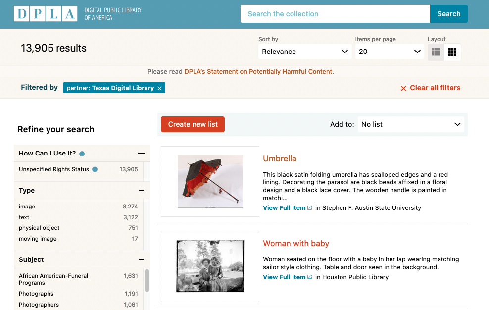 Screenshot of the DPLA search portal, showing search results including a photo of an umbrella and a photo titled 'Woman with baby'