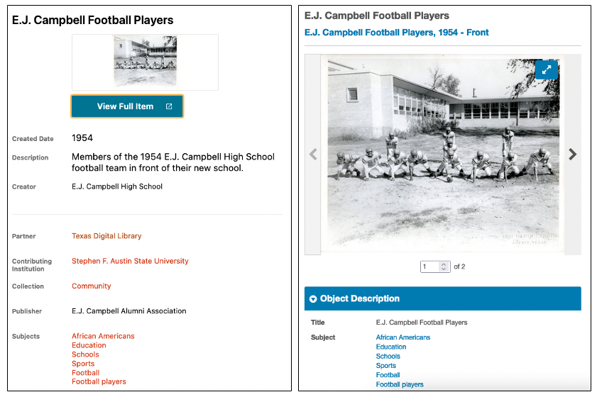 Side-by-side screenshots of an archival photo, titled 'E.J. Campbell Football Players', in two different digital repository interfaces
